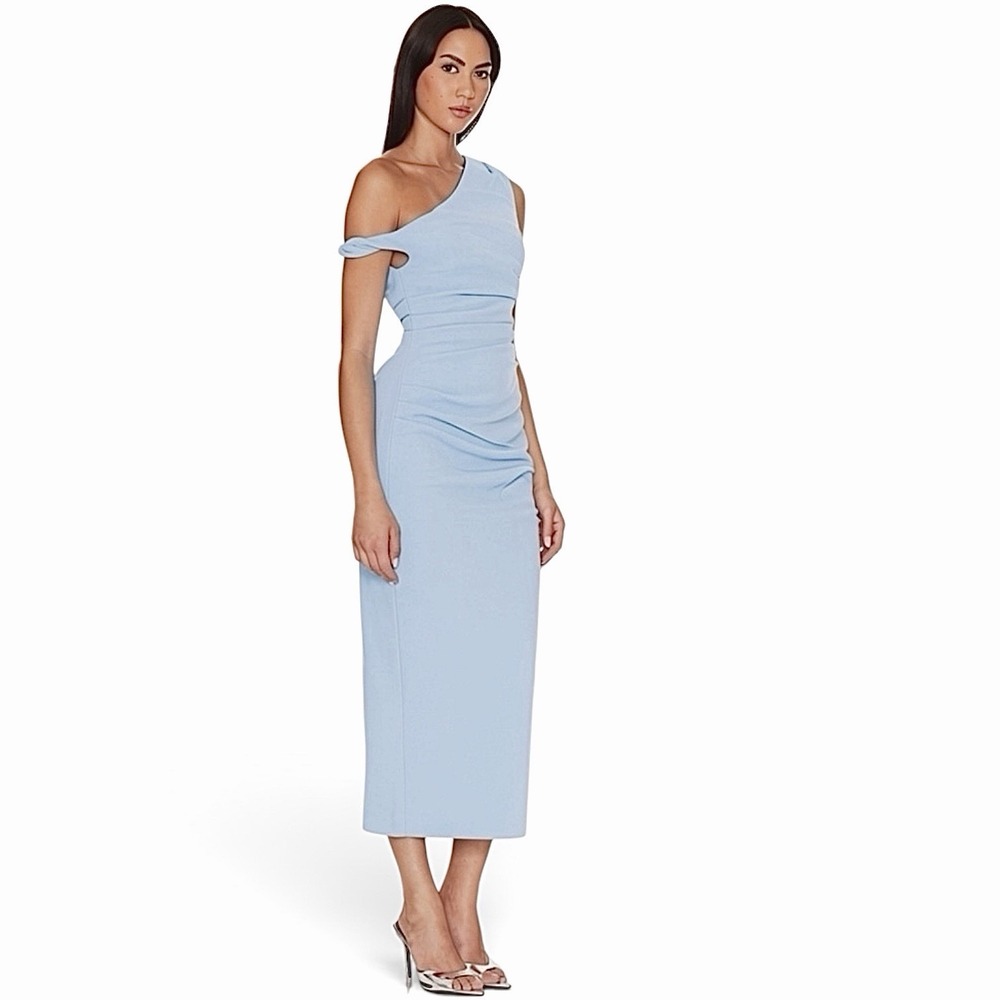 Misha Alaska Gathered Cocktail Midi Dress Size Small $359 Blue